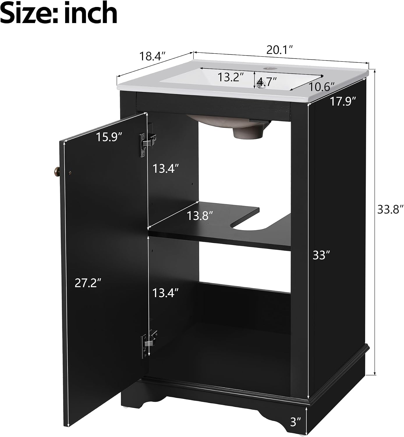 20-inch Bathroom Vanity with Sink Combo, Free-Standing Single Bathroom Storage Cabinet with Soft Close Door & Adjustable Shelf, Wooden Vanity Set with Ceramic Basin for Bathroom (Black)