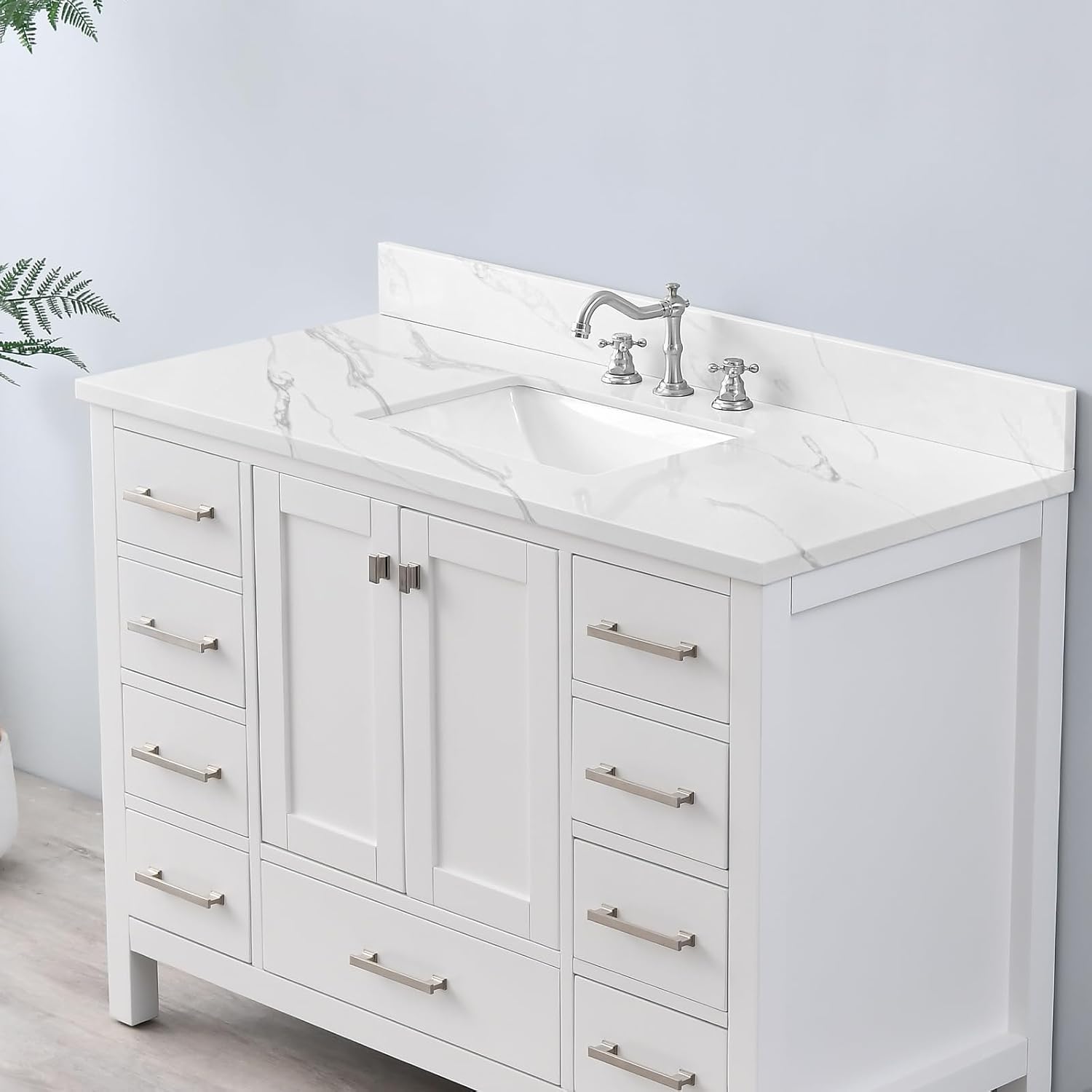 48 in. W x 22 in D Quartz Vanity Top in Calacatta Rocky, Vanity Sink Top with Assembled Single Drop-in Sink, Pre-Drilled Widespread Faucet Holes Countertop with 4' H Backsplash