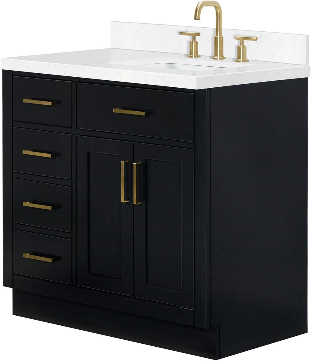 ARIEL Hepburn 36-inch Bathroom Vanity with Sink,Solid Wood, 1.5-inch Carrara White Quartz Countertop & Backsplash, Single Rectangular Porcelain Sink, 2 Soft Closing Doors, 5 Dovetail Drawers, Black