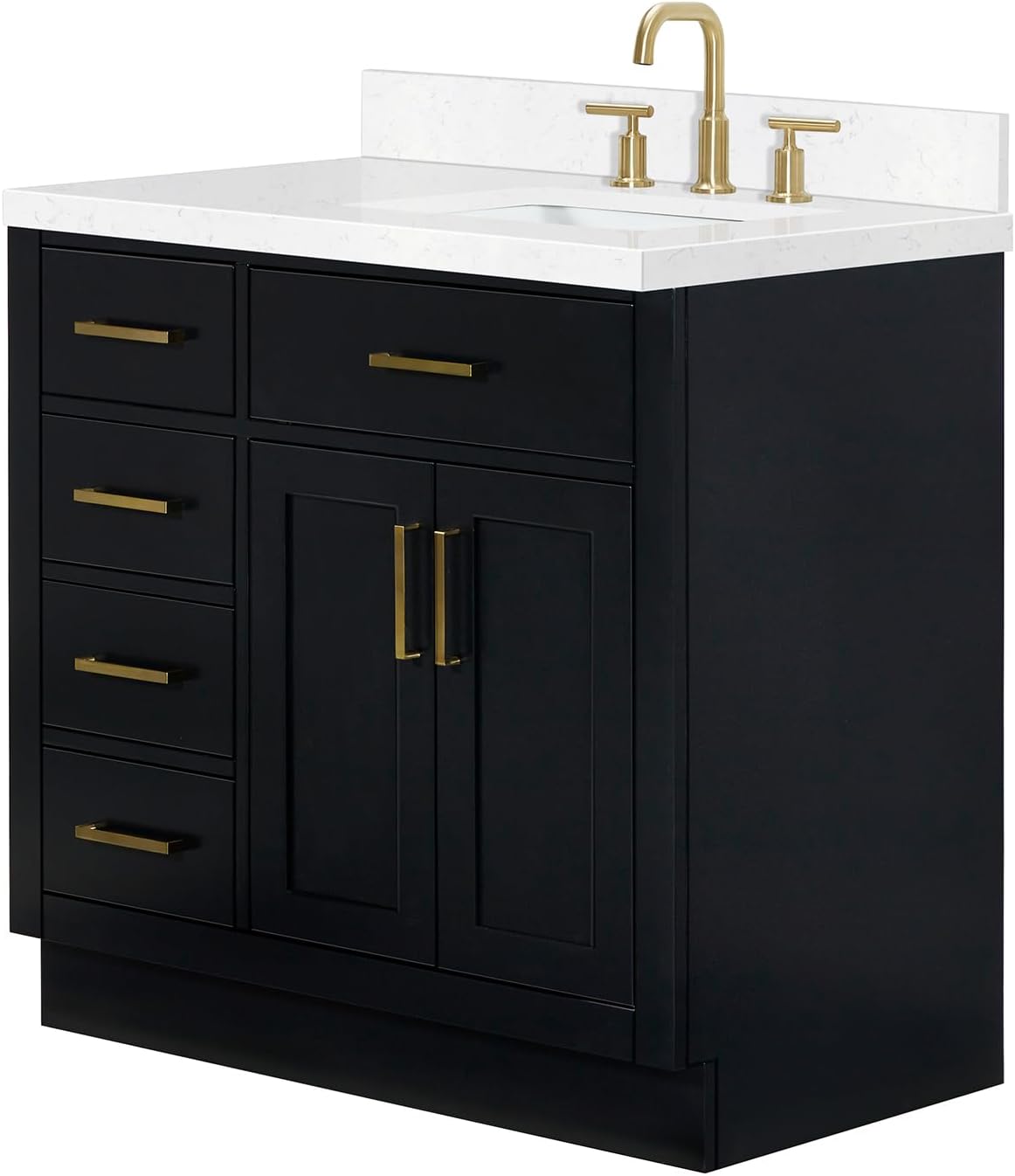 ARIEL Hepburn 36-inch Bathroom Vanity with Sink,Solid Wood, 1.5-inch Carrara White Quartz Countertop & Backsplash, Single Rectangular Porcelain Sink, 2 Soft Closing Doors, 5 Dovetail Drawers, Black