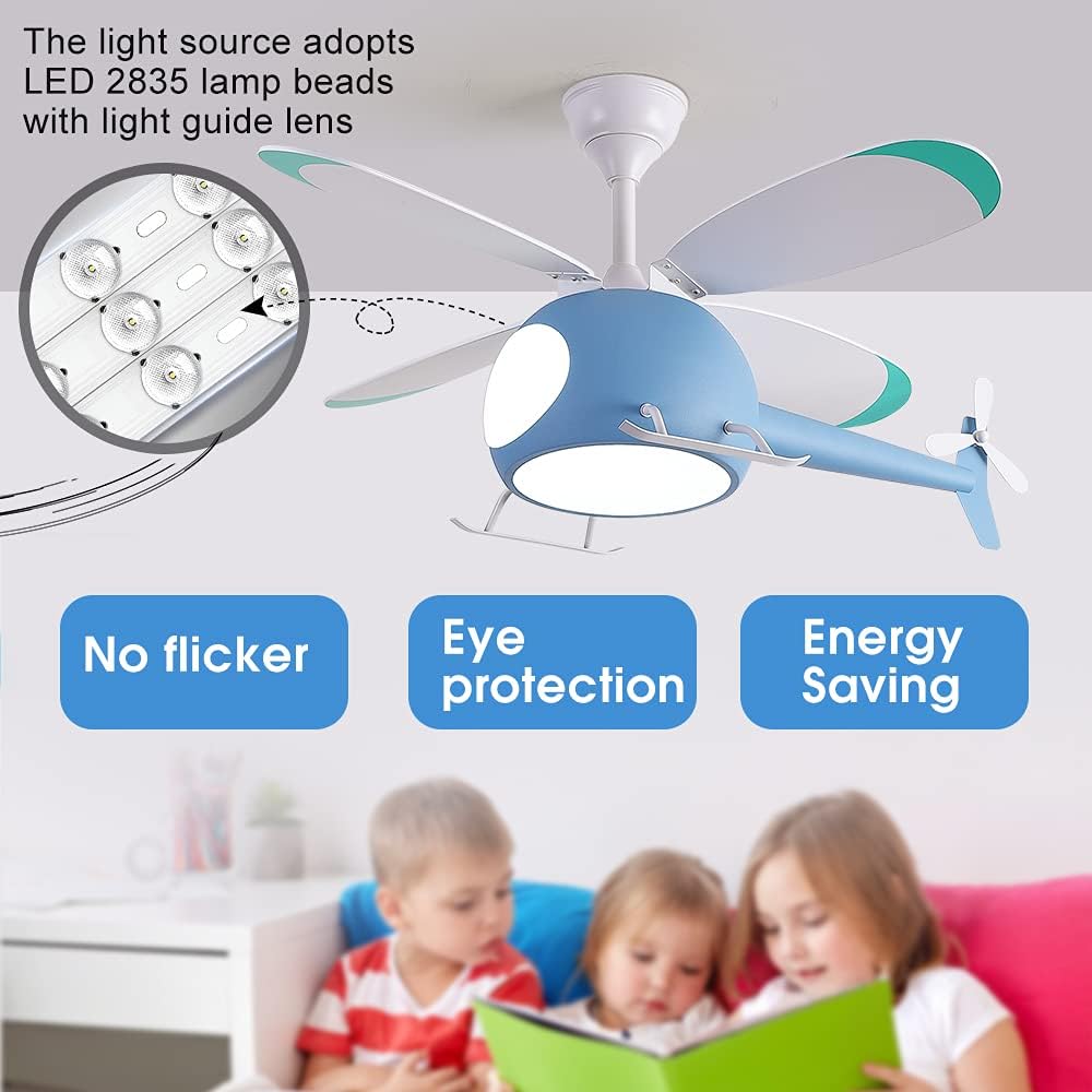 Children's Bedroom Ceiling Fan with lights,Remote control speed,Dimmable Kids Room Cartoon Ceiling Fan Lamp,Helicopter Model&Teddy Bear Model Options Blue
