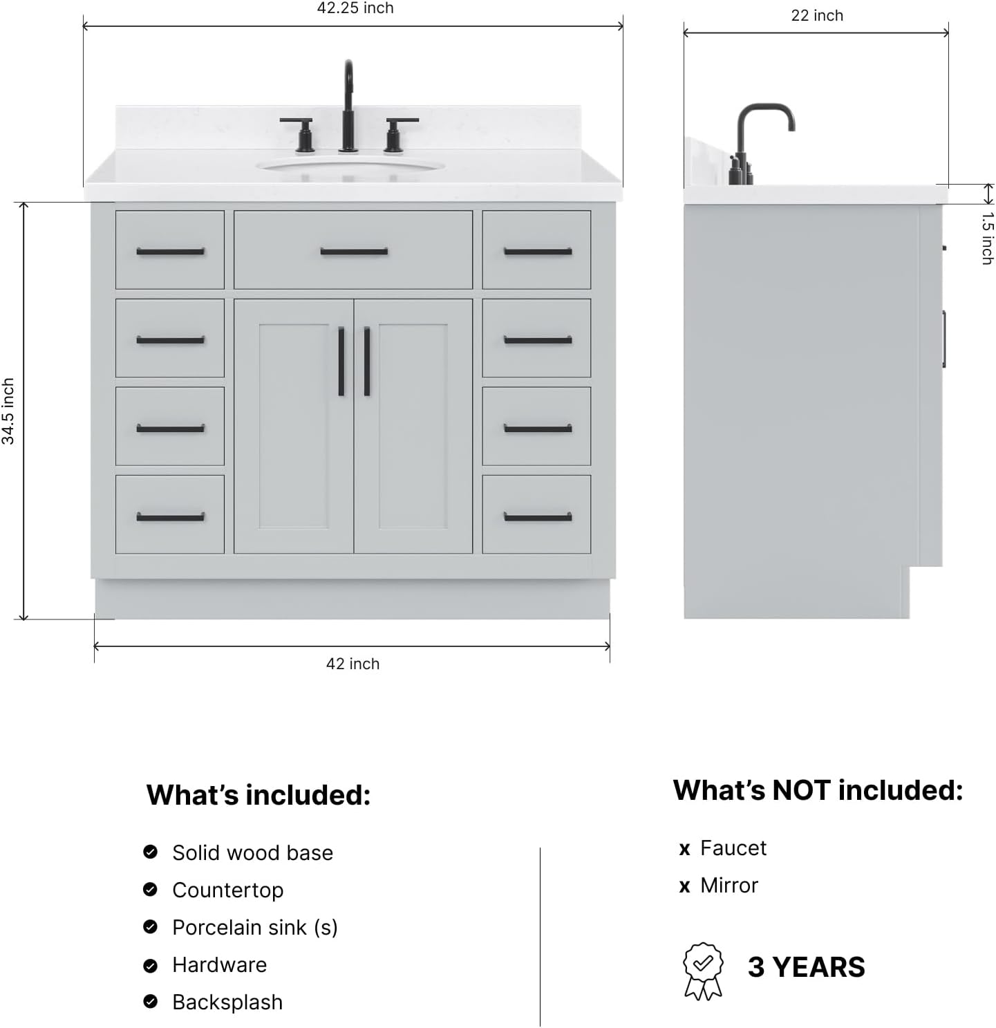 DKB Isabella 42-Inch Gray Bathroom Vanity with Sink, 1.5-Inch Edge Carrara Quartz Countertop, Solid Wood Frame, Oval Undermount Sink, 2 Soft Closing Doors, 9 Full Extension Drawers, Toe Kick