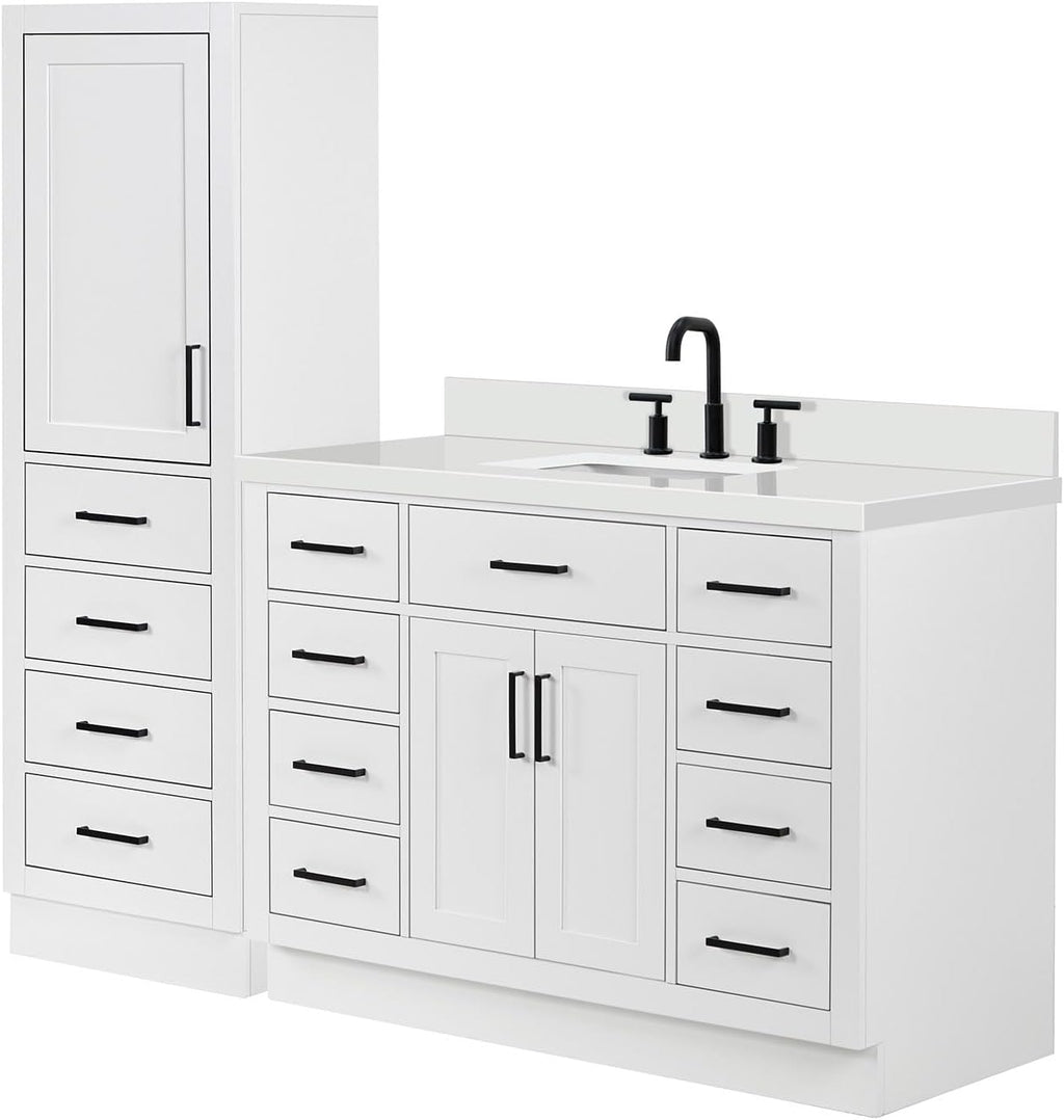 ARIEL Hepburn 69 Inch Includes 20 Inch Linen Cabinet and 1 of 49 Inch Single Rectangle Sink Bathroom Vanity with Pure White Quartz Countertop 1.5 Inch in White