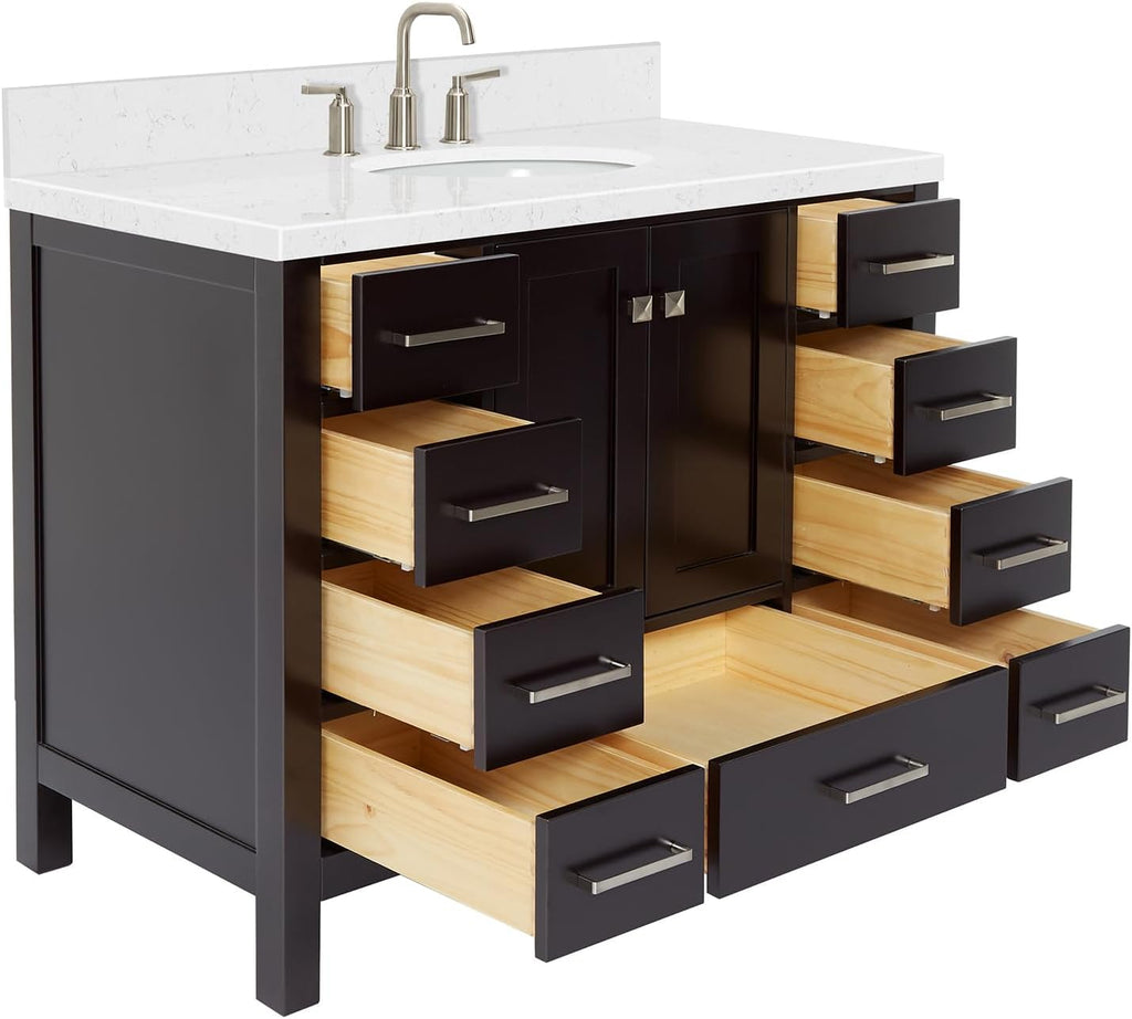DKB Beckford 42-Inch Espresso Bathroom Vanity with Sink, Solid Wood Frame, Carrara White Quartz Countertop 1.5-Inch Edge, Oval Undermount Sink, 2 Soft Closing Doors, 9 Drawers