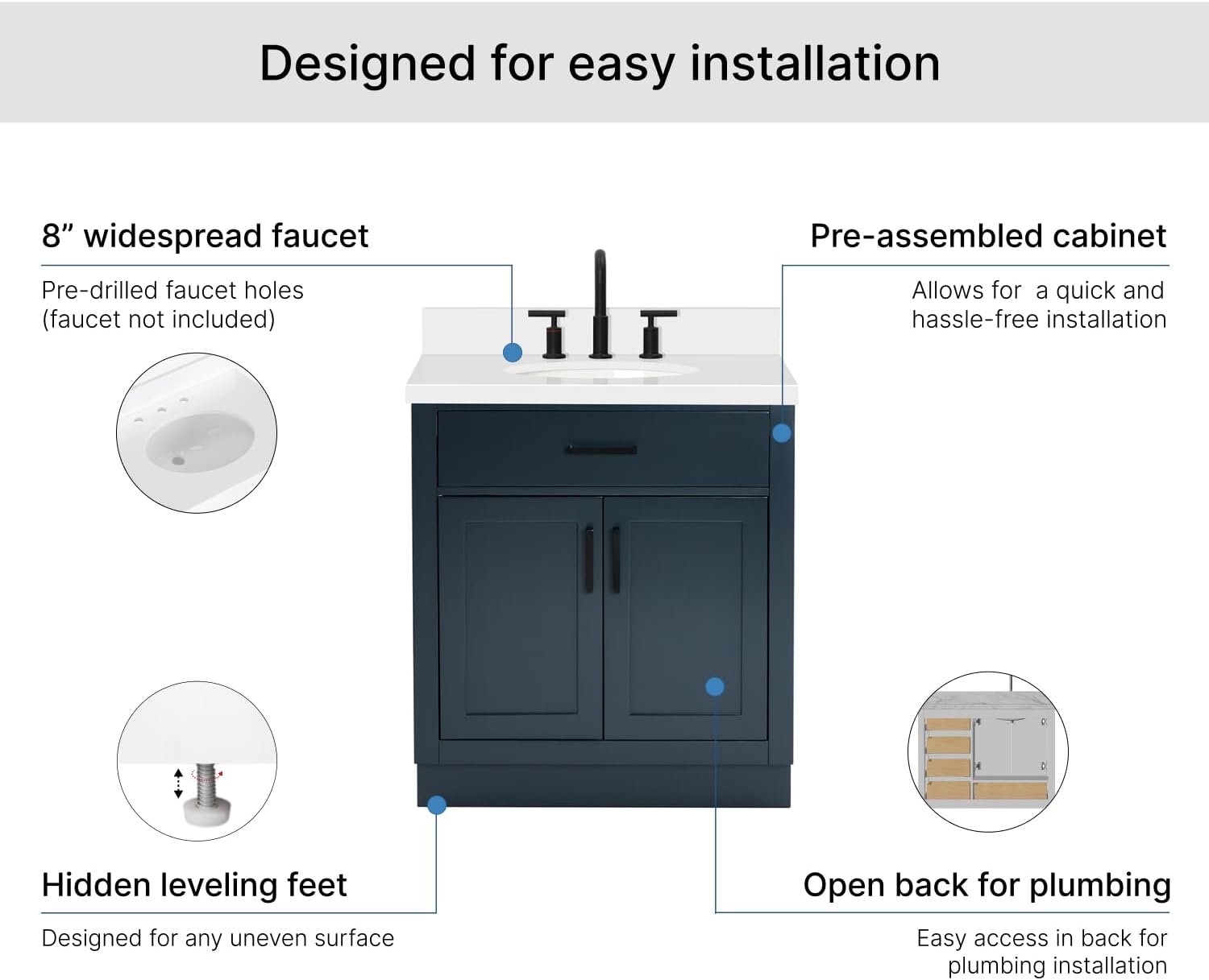 ARIEL Hepburn 30-inch Bathroom Vanity with Sink,Solid Wood, 1.5-inch Pure White Quartz Countertop & Backsplash, Single Oval Porcelain Sink, 2 Soft Closing Doors, 1 Dovetail Drawers, Midnight Blue