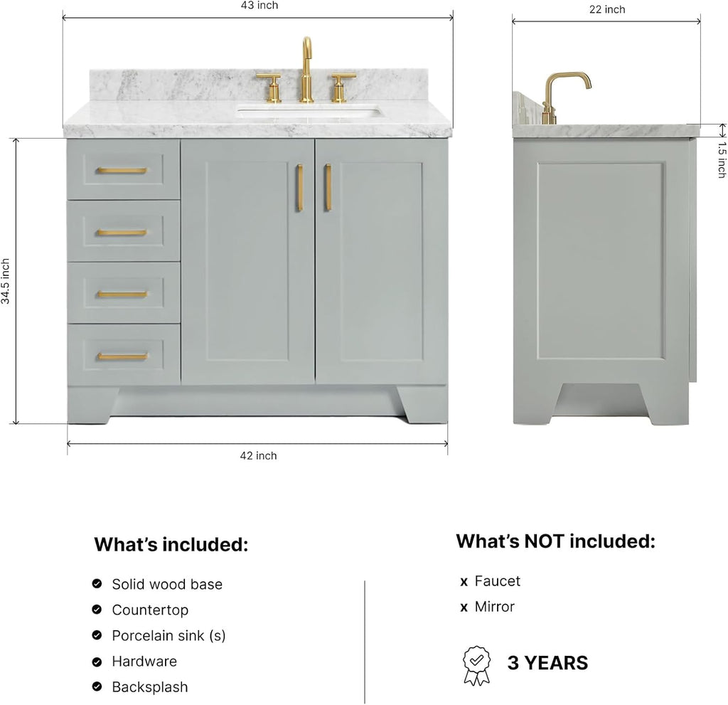 ARIEL Taylor 42-inch Bathroom Vanity with Sink,Solid Wood, 1.5-inch Italian Carrara Marble Countertop & Backsplash, Single Rectangular Porcelain Sink, 2 Soft Closing Doors, 5 Dovetail Drawers, Grey