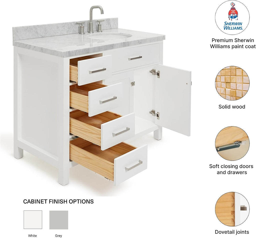 DKB Alenza 42-Inch White Bathroom Vanity with Sink, 1.5-Inch Italian Carrara Marble Countertop, Right Oval Undermount Sink, 2 Soft Closing Doors, 4 Dovetail Drawers, Polished Chrome