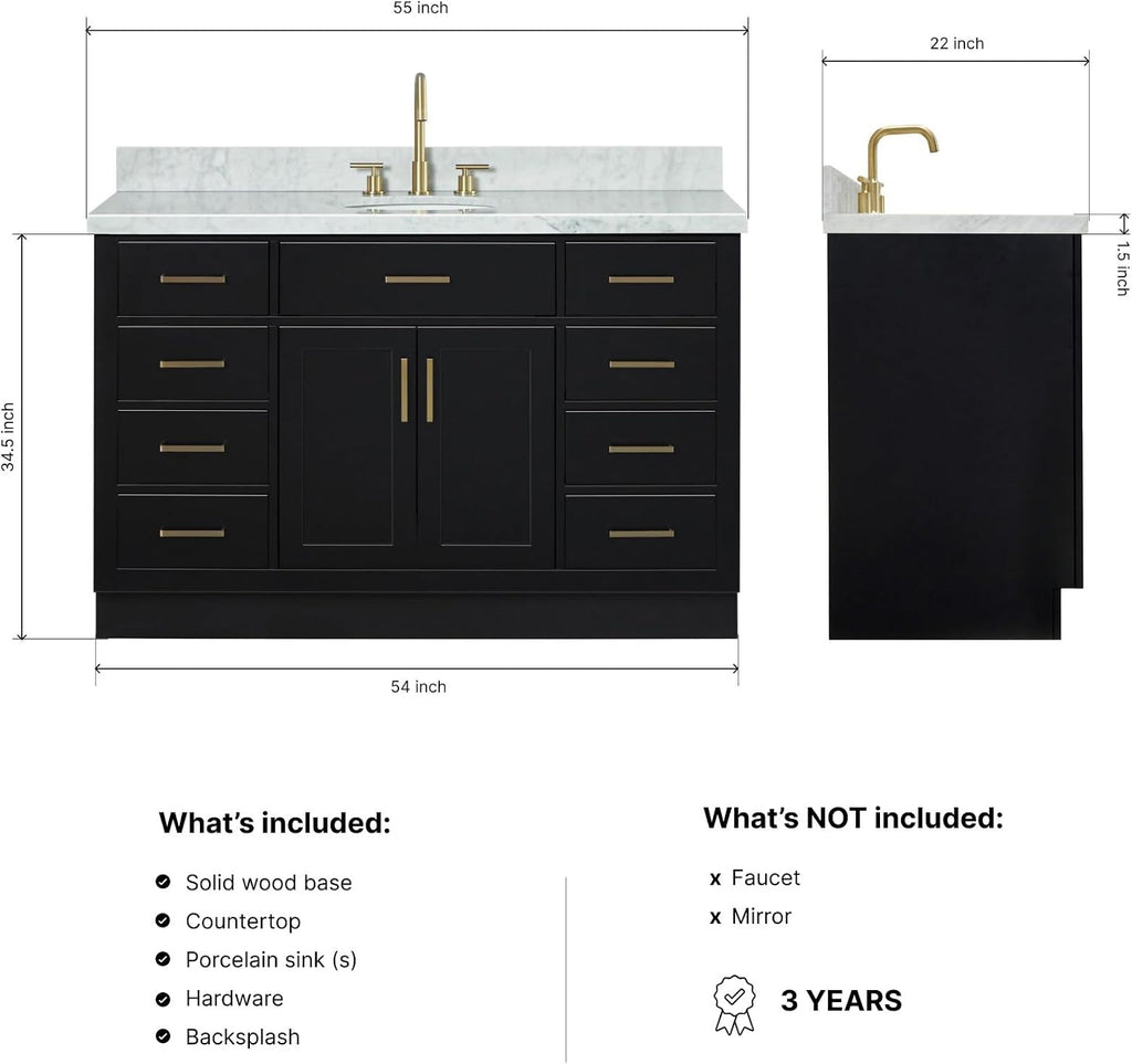 ARIEL Hepburn 54-inch Bathroom Vanity with Sink,Solid Wood, 1.5-inch Italian Carrara Marble Countertop & Backsplash, Single Oval Porcelain Sink, 2 Soft Closing Doors, 9 Dovetail Drawers, Black