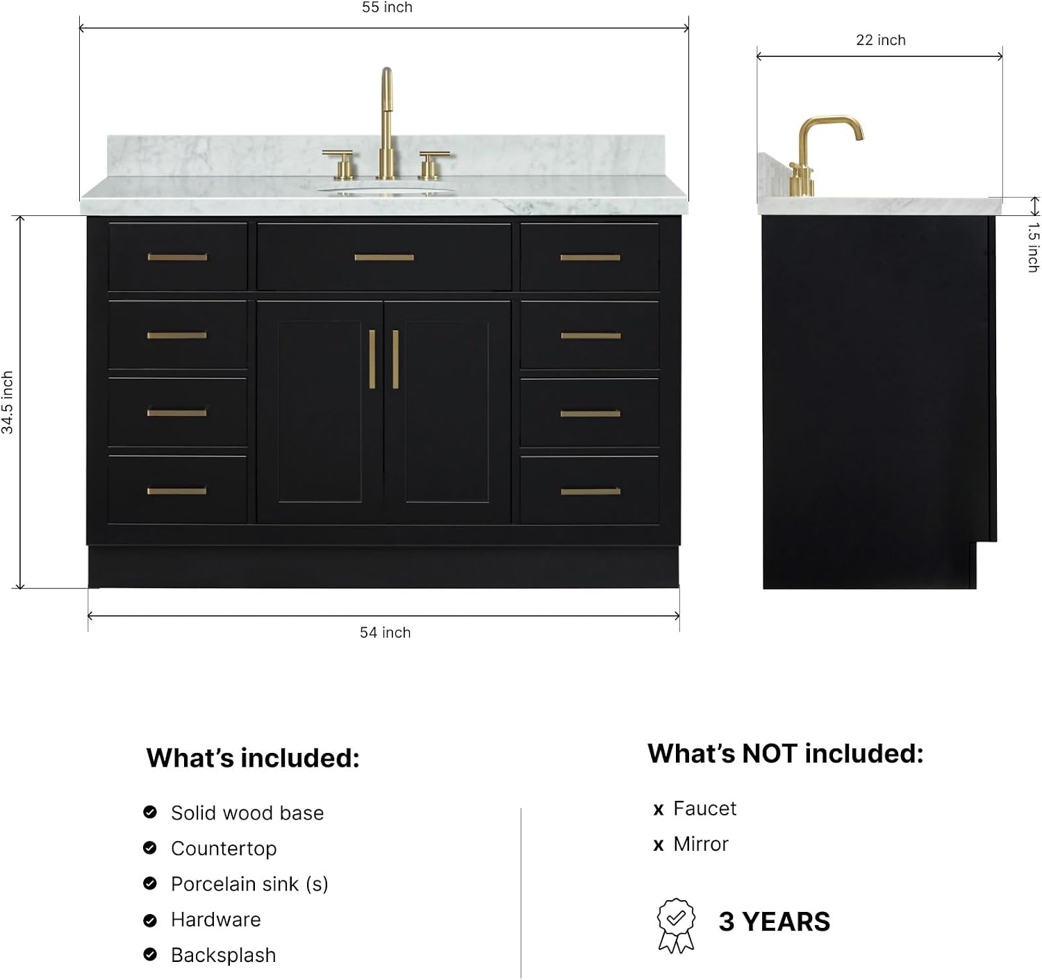 ARIEL Hepburn 54-inch Bathroom Vanity with Sink,Solid Wood, 1.5-inch Italian Carrara Marble Countertop & Backsplash, Single Oval Porcelain Sink, 2 Soft Closing Doors, 9 Dovetail Drawers, Black