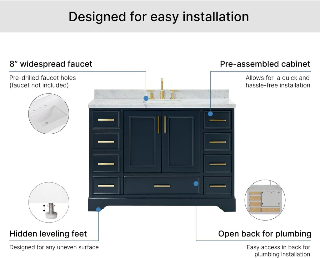 ARIEL Stafford 48-inch Bathroom Vanity with Sink,Solid Wood, 1.5-inch Italian Carrara Marble Countertop, Single Rectangular Porcelain Sink, 2 Soft Closing Doors, 9 Dovetail Drawers, Midnight Blue