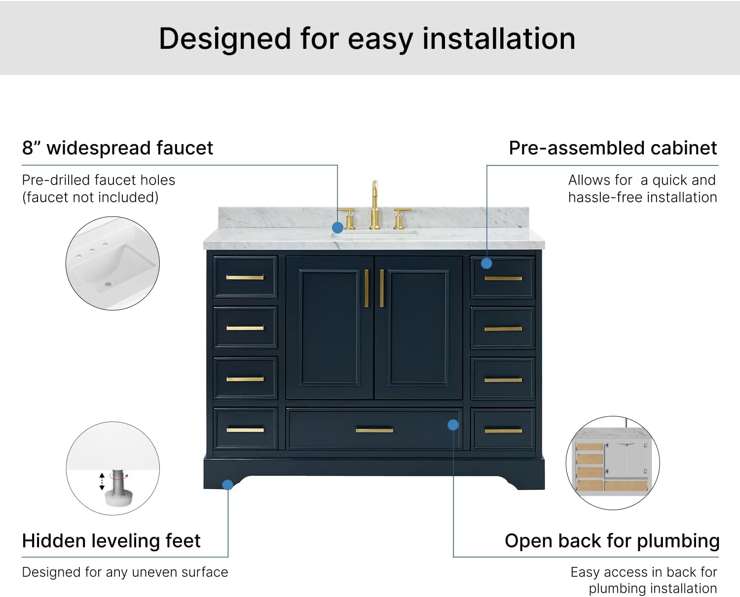ARIEL Stafford 48-inch Bathroom Vanity with Sink,Solid Wood, 1.5-inch Italian Carrara Marble Countertop, Single Rectangular Porcelain Sink, 2 Soft Closing Doors, 9 Dovetail Drawers, Midnight Blue