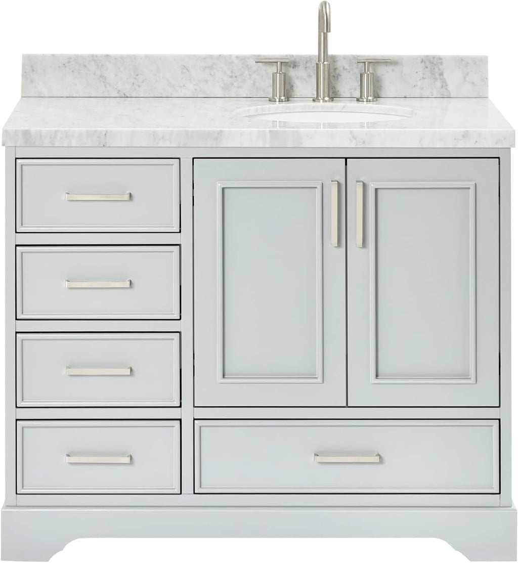DKB Langford 42-inch Grey Bathroom Vanity with Right Oval Single Sink, Italian Carrara Marble Countertop & Backsplash, Solid Wood Frame, Soft-Closing & Dovetail Drawers