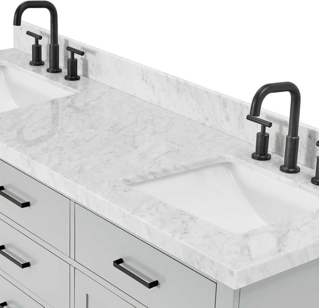 ARIEL Hepburn 66-inch Bathroom Vanity with Sink,Solid Wood, 1.5-inch Italian Carrara Marble Countertop, Double Rectangular Porcelain Sink, 4 Soft Closing Doors, 6 Dovetail Drawers, Grey