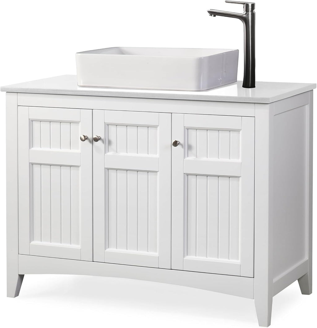 42' Triadsville White Vanity with White QuartzTop, Vessel Style Bathroom Sink, Soft-Closing Doors, Full Extension Drawer, Brushed Nickel Hardware