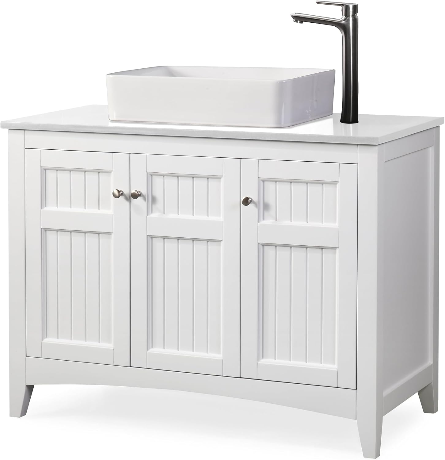42' Triadsville White Vanity with White QuartzTop, Vessel Style Bathroom Sink, Soft-Closing Doors, Full Extension Drawer, Brushed Nickel Hardware