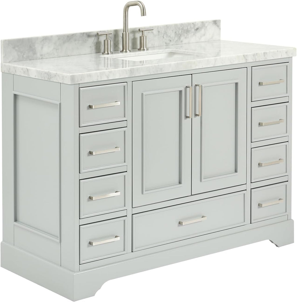 ARIEL Stafford 48-inch Bathroom Vanity with Sink,Solid Wood, 1.5-inch Italian Carrara Marble Countertop, Single Rectangular Porcelain Sink, 2 Soft Closing Doors, 9 Dovetail Drawers, Grey