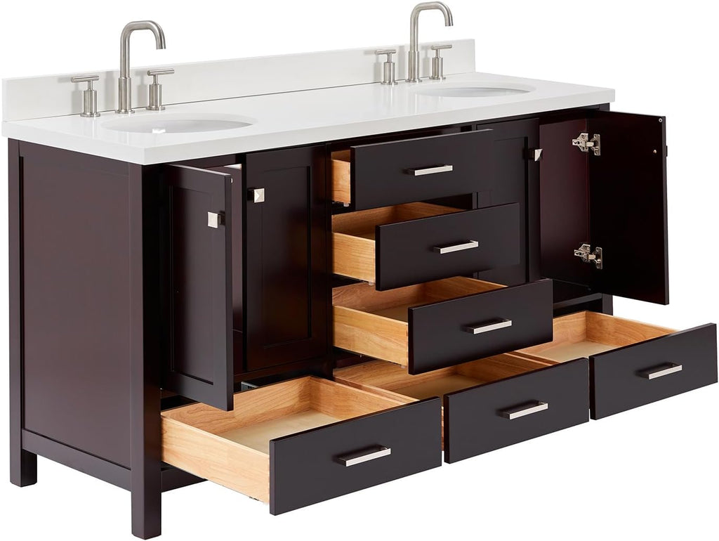 DKB Beckford 66-Inch Espresso Double Bathroom Vanity with 1.5-Inch Edge Pure White Quartz Countertop & Backsplash, 2 Oval Undermount Sinks, 4 Soft Closing Doors, 6 Dovetail Drawers, Brushed Nickel