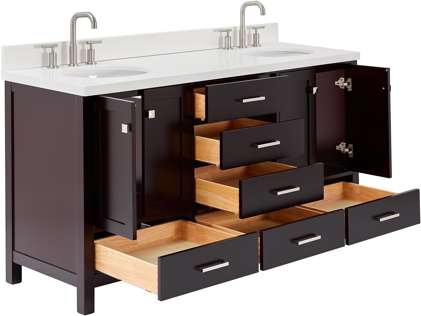 DKB Beckford 66-Inch Espresso Double Bathroom Vanity with 1.5-Inch Edge Pure White Quartz Countertop & Backsplash, 2 Oval Undermount Sinks, 4 Soft Closing Doors, 6 Dovetail Drawers, Brushed Nickel