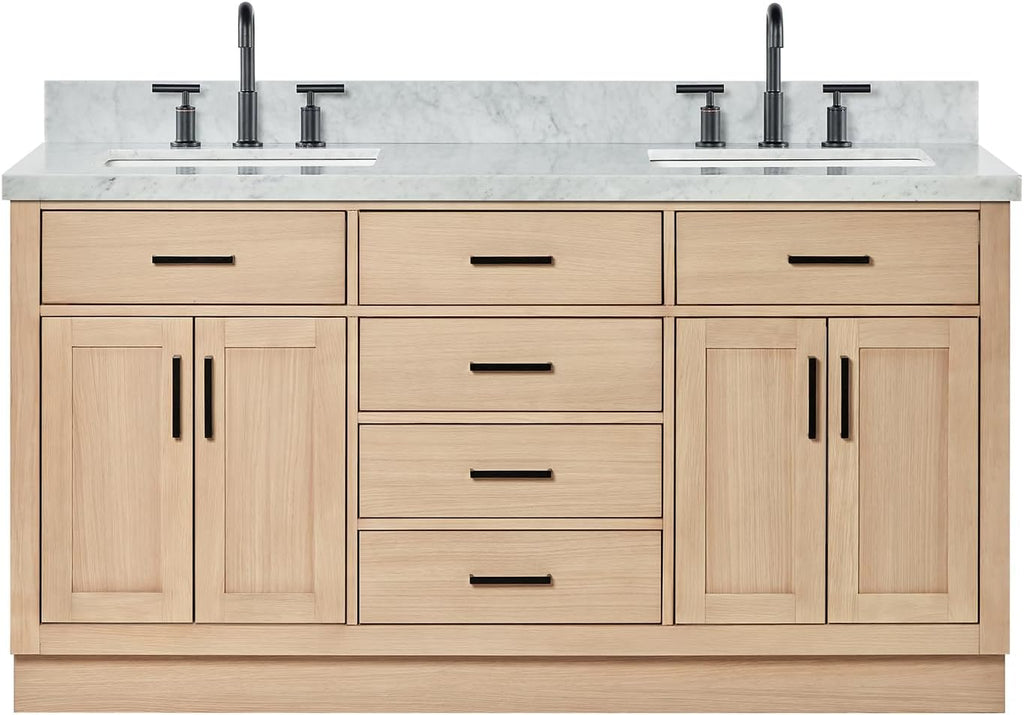 ARIEL Hepburn 66-inch Bathroom Vanity with Sink,Solid Wood, 1.5-inch Italian Carrara Marble Countertop, Double Rectangular Porcelain Sink, 4 Soft Closing Doors, 6 Dovetail Drawers, White Oak