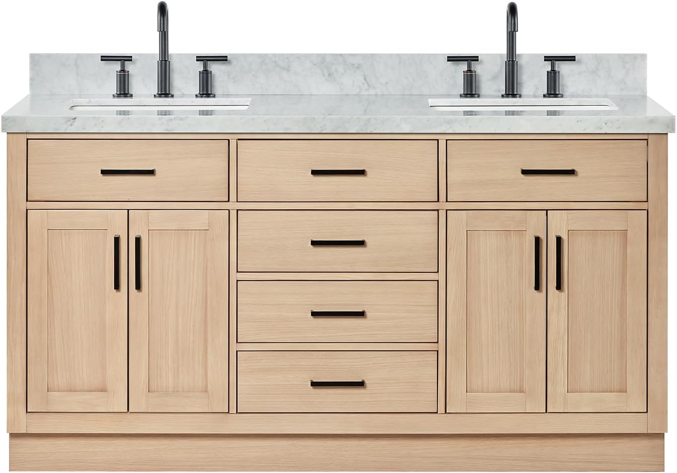 ARIEL Hepburn 66-inch Bathroom Vanity with Sink,Solid Wood, 1.5-inch Italian Carrara Marble Countertop, Double Rectangular Porcelain Sink, 4 Soft Closing Doors, 6 Dovetail Drawers, White Oak