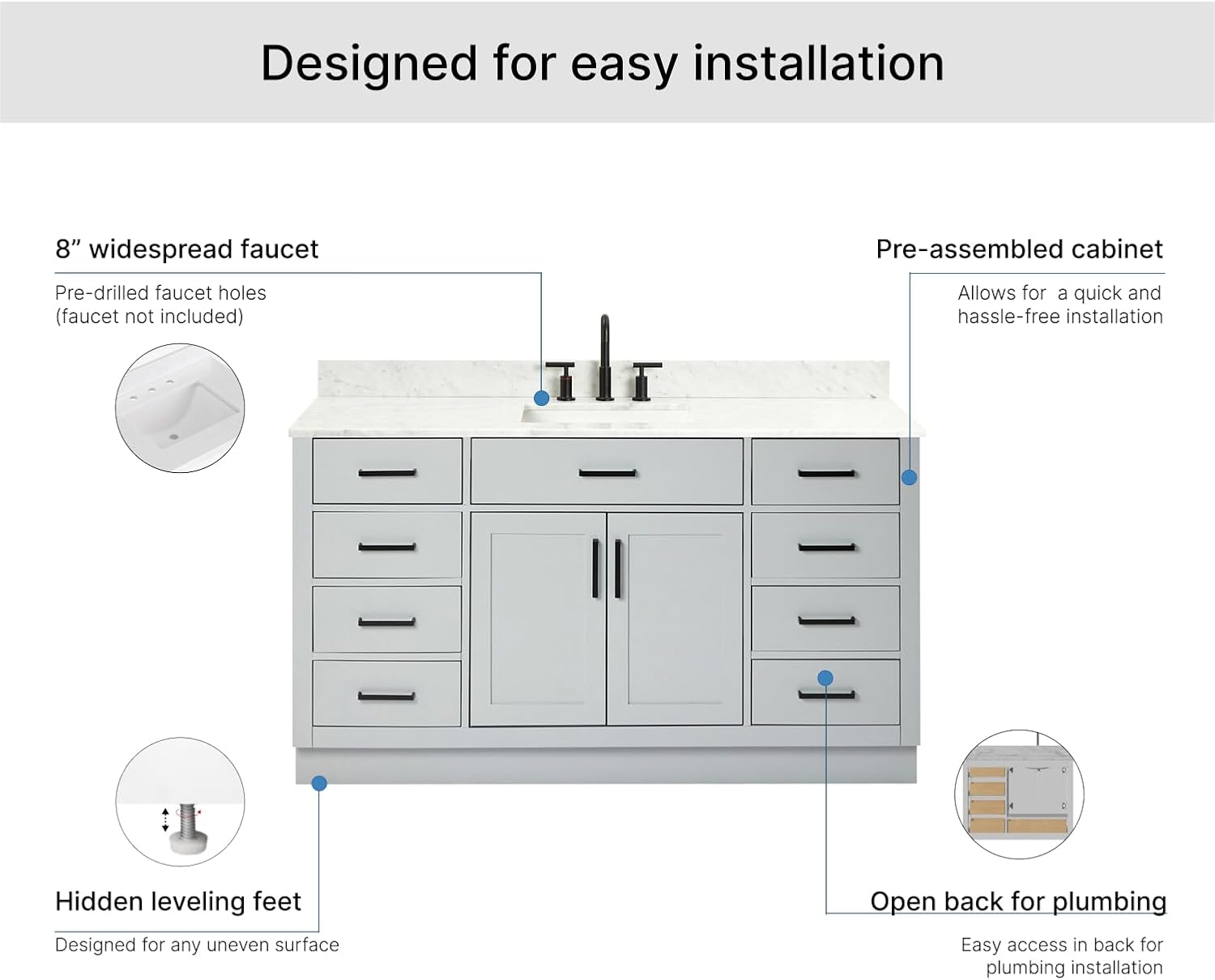 ARIEL Hepburn 60-inch Bathroom Vanity with Sink,Solid Wood, 0.75-inch Italian Carrara Marble Countertop, Single Rectangular Porcelain Sink, 2 Soft Closing Doors, 9 Dovetail Drawers, Grey