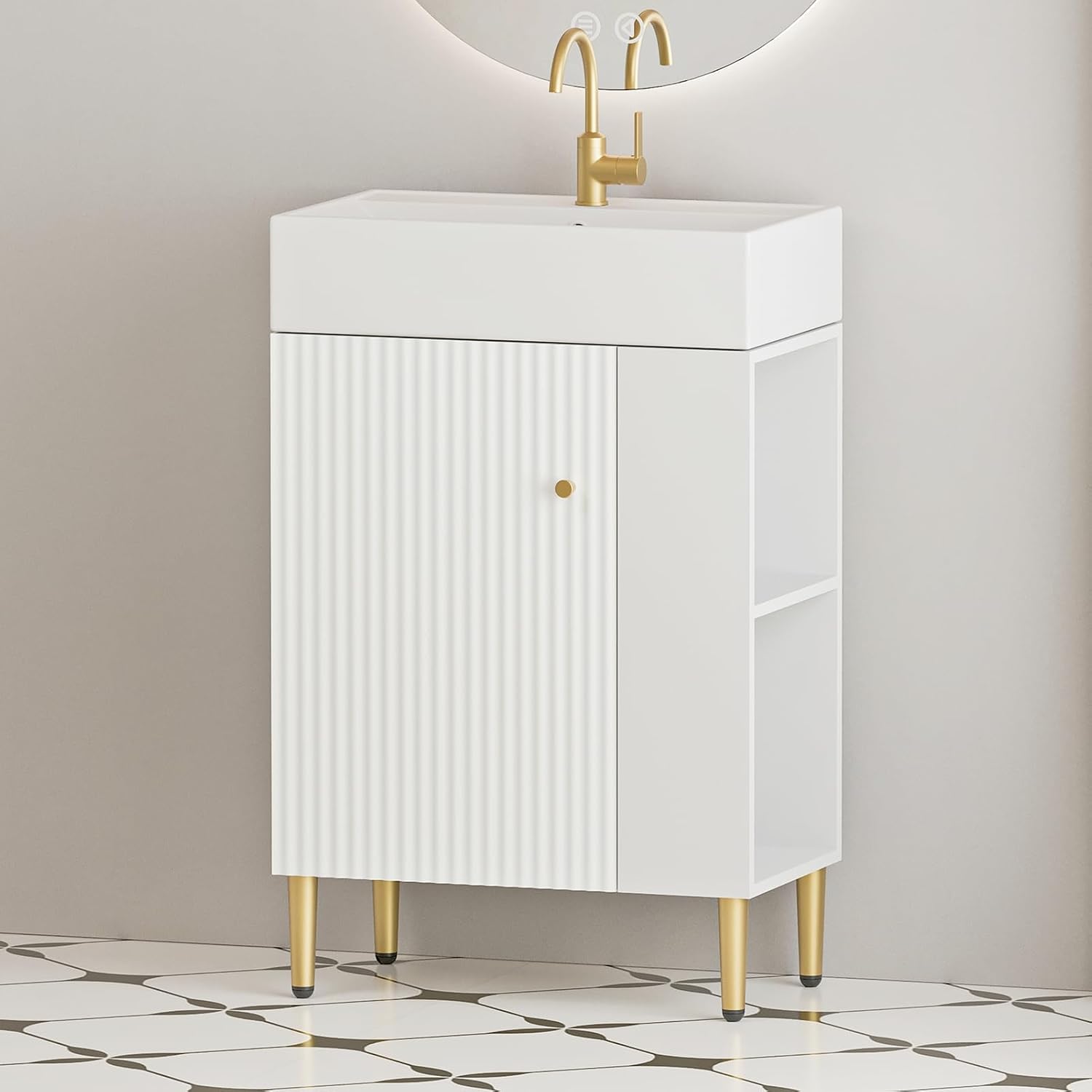 21.6 Inch Bathroom Vanity with Sink, Vanities with Square Ceramic Sink Top and Right Side Storage, Combo Stand Storage Cabinet Set for Small Bathroom (White)