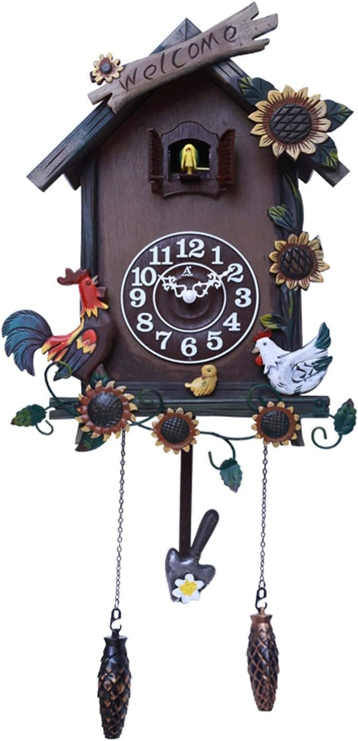 New Cuckoo Clock European Solid Wood Cuckoo Clocks Modern Creative Simple Living Room Wall Clock Hand-Carved Swing Clock Quartz Antique Wooden Retro Pendulum Clock Wall Decor