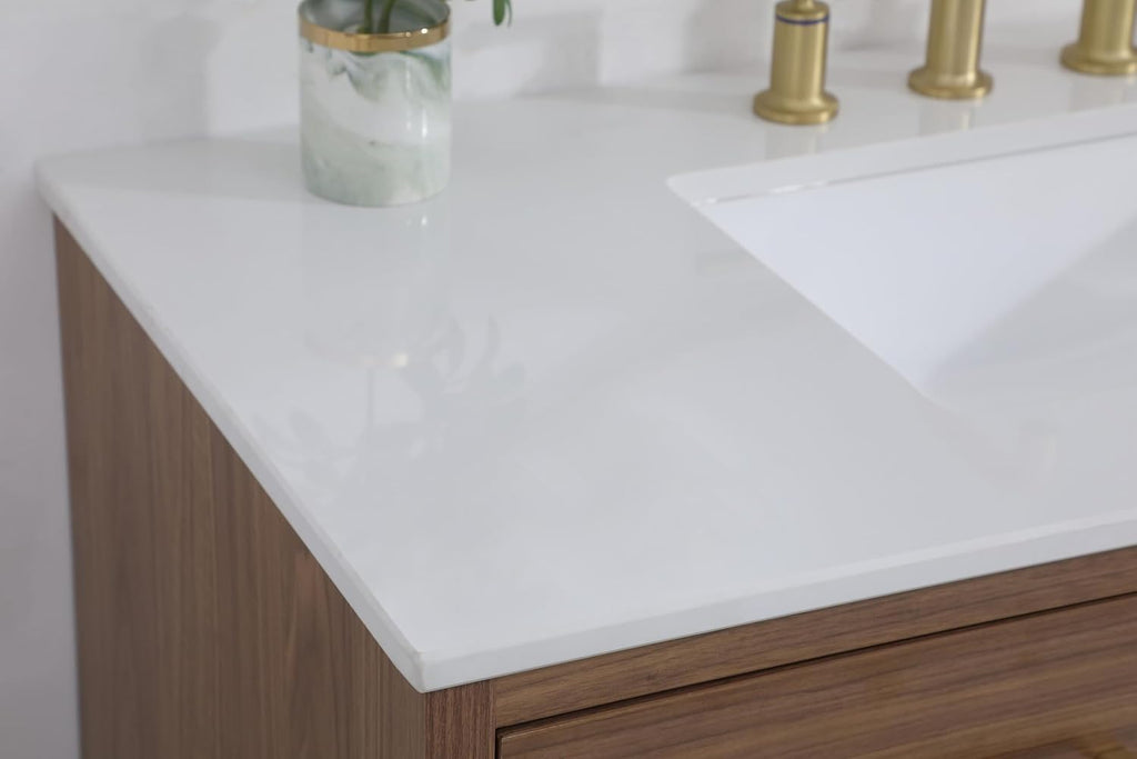 42' Pre-Assembled Bathroom Vanity with Sink, Engineered Wood, Ivory White Engineered Marble Countertop Attached, Single Rectangle Porcelain Sink, 2 Soft-Close Drawers, Walnut Brown