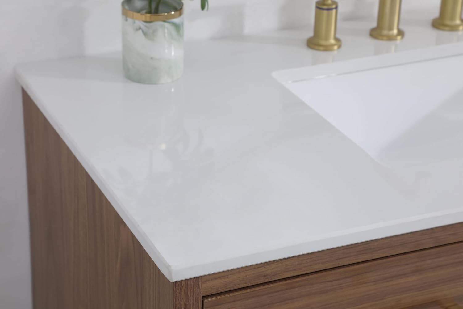 42' Pre-Assembled Bathroom Vanity with Sink, Engineered Wood, Ivory White Engineered Marble Countertop Attached, Single Rectangle Porcelain Sink, 2 Soft-Close Drawers, Walnut Brown