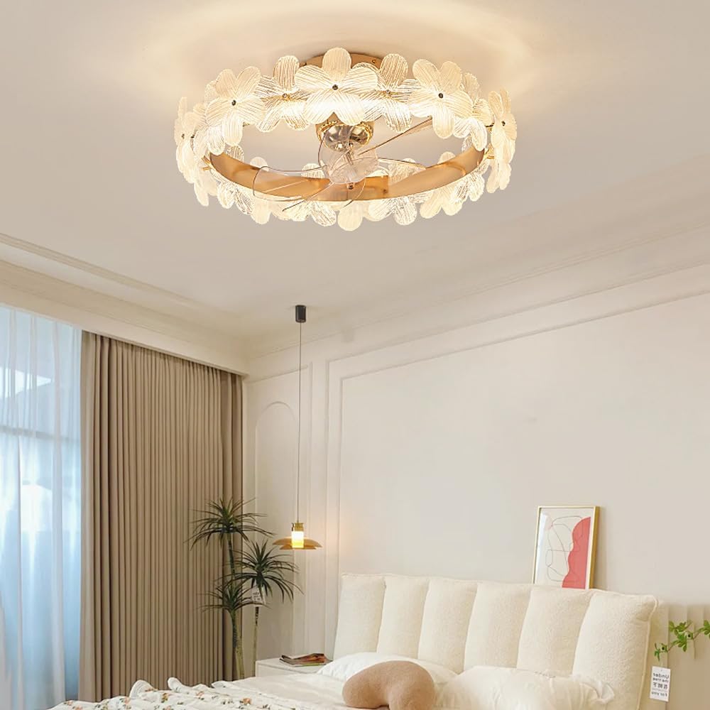 Glass Flower Ceiling Fan with Lights Remote Control 360° Rotating Ceiling Fan Light Invisible Reversible Blades Dimmable LED Fan Lamp for Girls Bedroom Kids Room Children Kitchen