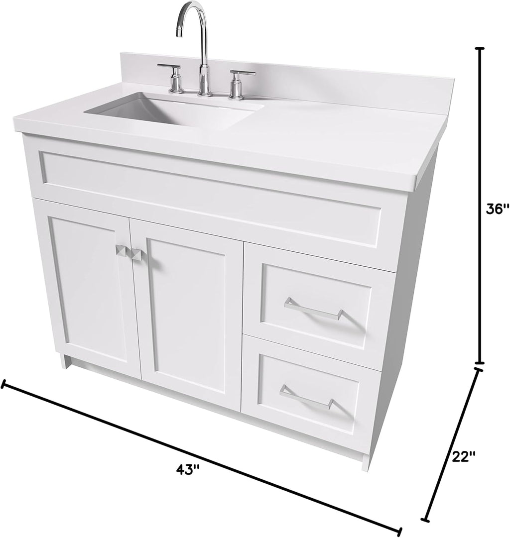 ARIEL 42' Gray Single Bathroom Vanity with 1.5' White Quartz Countertop, Rectangular Undermount Sink, Solid Wood Frame, 2 Soft Closing Doors, Dovetail Drawers
