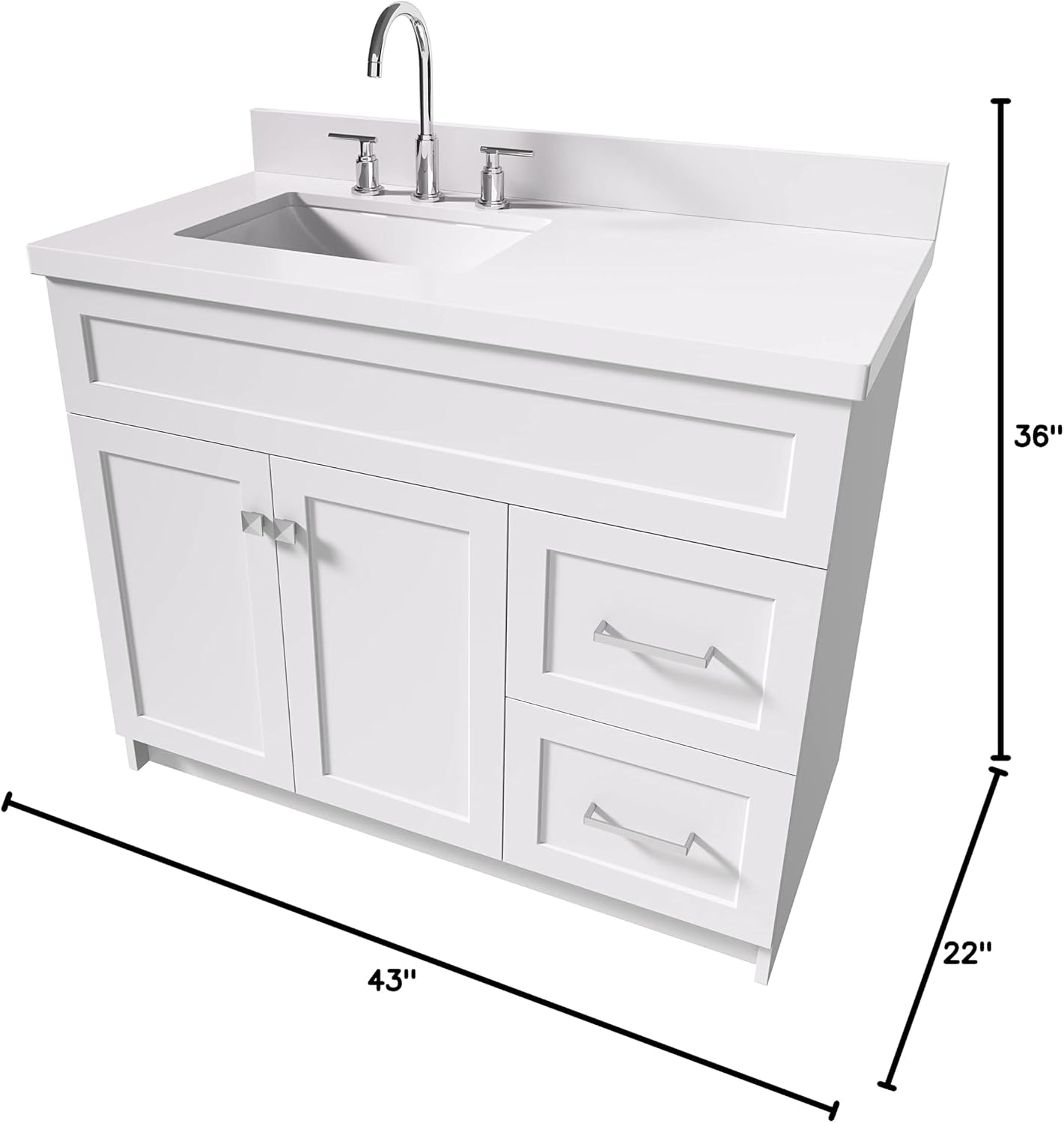 ARIEL 42' Gray Single Bathroom Vanity with 1.5' White Quartz Countertop, Rectangular Undermount Sink, Solid Wood Frame, 2 Soft Closing Doors, Dovetail Drawers