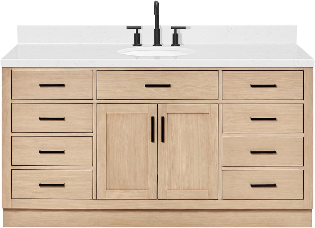 ARIEL Hepburn 66-inch Bathroom Vanity with Sink,Solid Wood, 1.5-inch Carrara White Quartz Countertop & Backsplash, Single Oval Porcelain Sink, 2 Soft Closing Doors, 9 Dovetail Drawers, White Oak