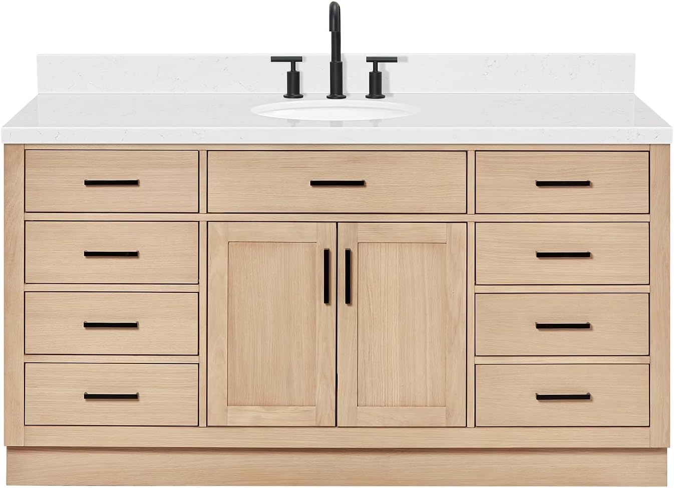 ARIEL Hepburn 66-inch Bathroom Vanity with Sink,Solid Wood, 1.5-inch Carrara White Quartz Countertop & Backsplash, Single Oval Porcelain Sink, 2 Soft Closing Doors, 9 Dovetail Drawers, White Oak