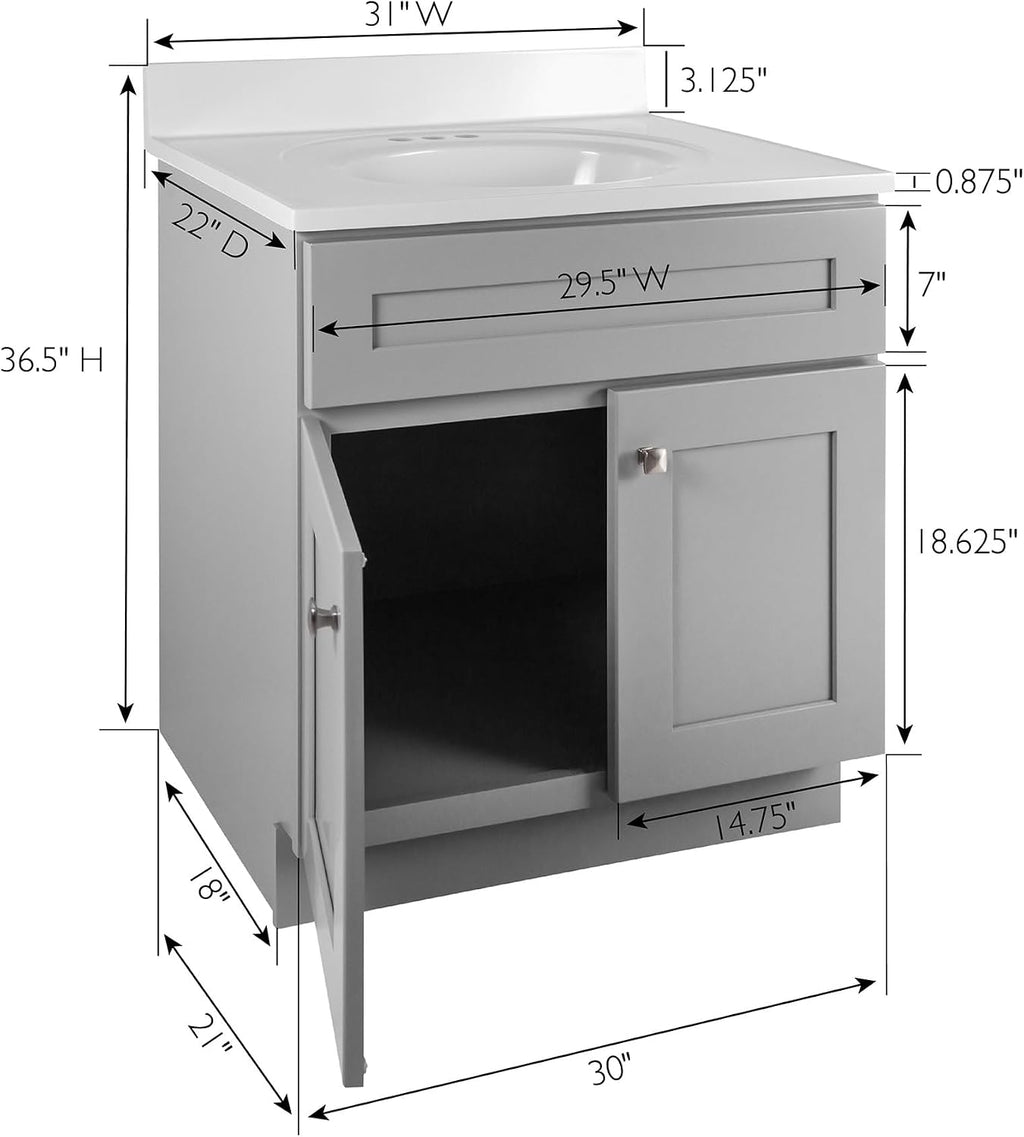 Design House Brookings 31 Inch Bathroom Vanity with Top, Ready to Assemble, Painted Gray, 597666
