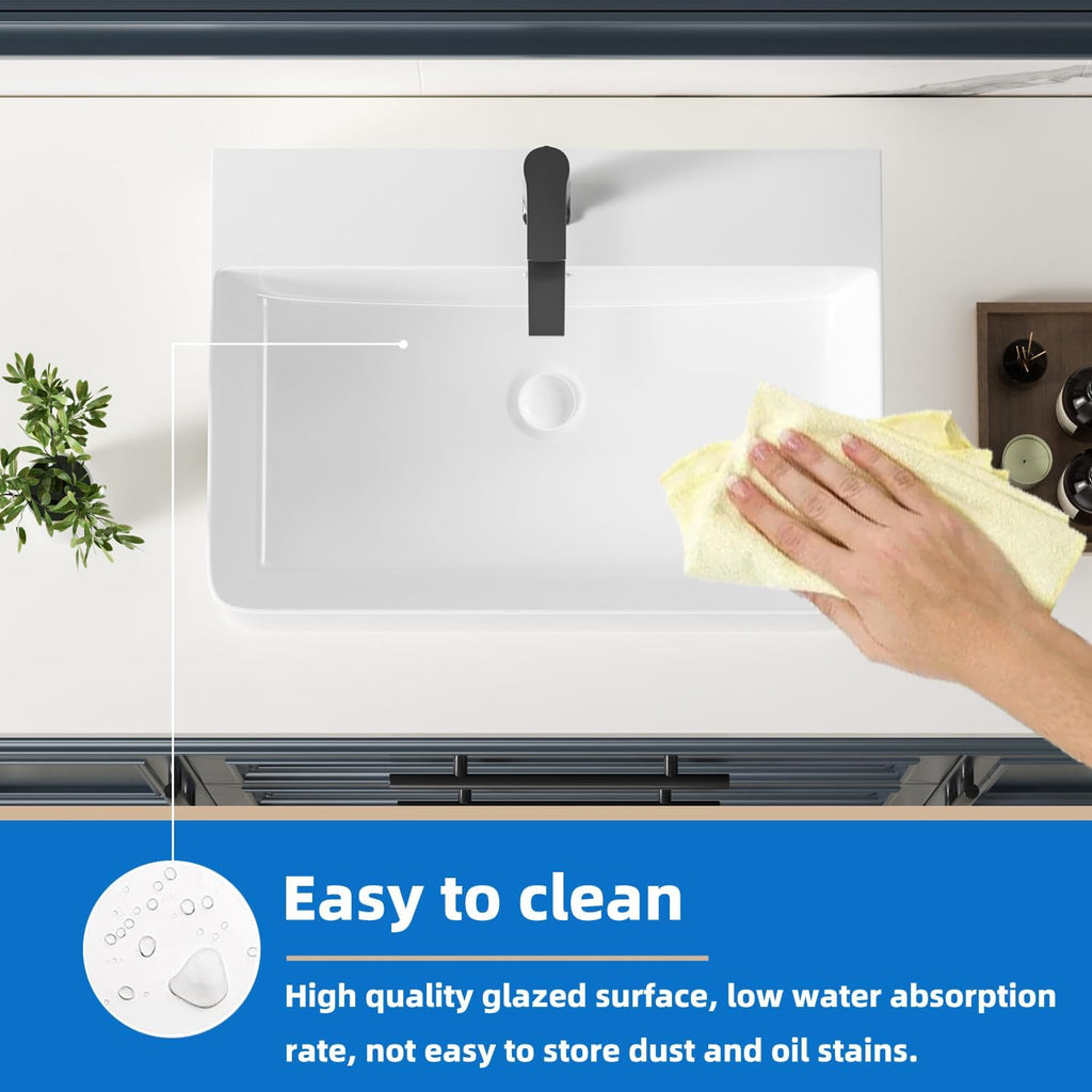 KINGWONG 24' Ceramic Vessel Sink | White Rectangular Bathroom Sink Above Counter or Wall Mounted | Large Porcelain Vanity Basin with Overflow Easy Clean Glossy Finish for Master Bath RV Farmhouse