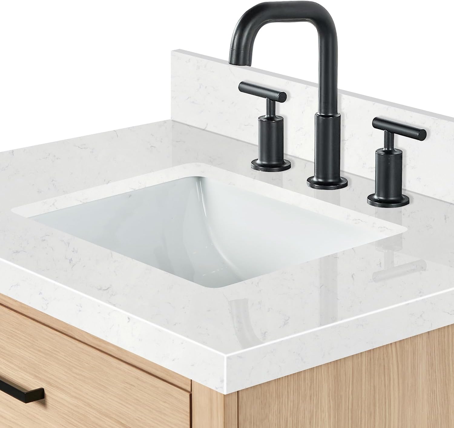 ARIEL Hepburn 30-inch Bathroom Vanity with Sink,Solid Wood, 1.5-inch Carrara White Quartz Countertop, Single Rectangular Porcelain Sink, 2 Soft Closing Doors, 1 Dovetail Drawers, White Oak