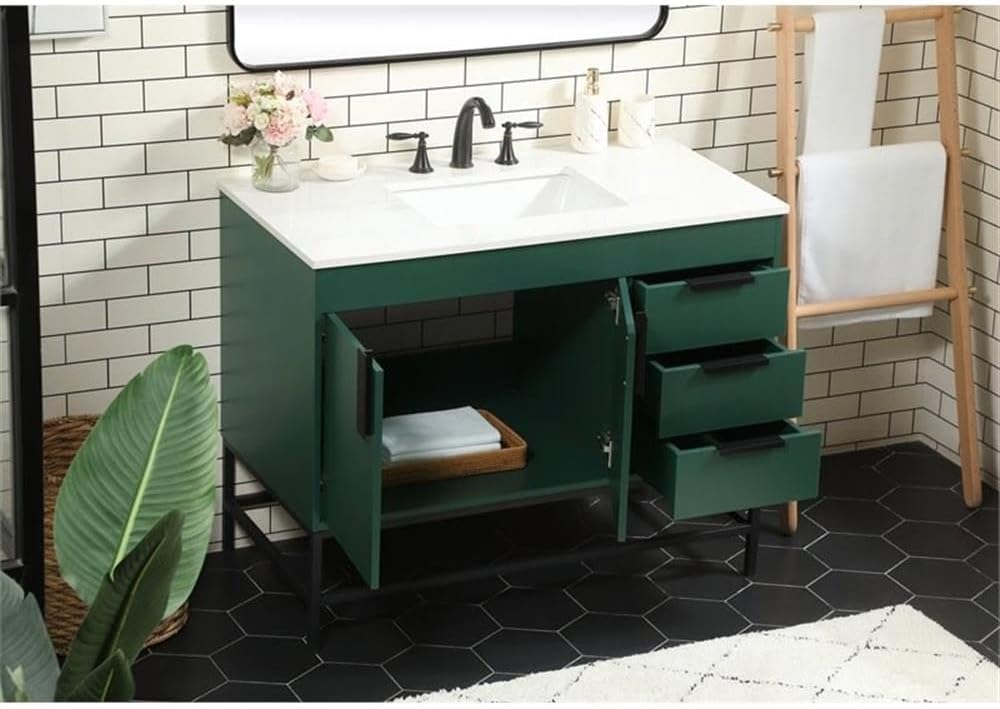 Pemberly Row 42' Aluminum MDF Single Bathroom Vanity, Green Finish, Quartz Top with Porcelain Sink, Rectangle Shape, Soft Closing Drawers and Cabinet, Powder-Coated Metal Legs, Modern Bathroom
