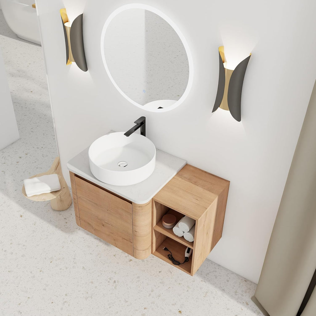 36 Inch Wall-Mounted Bathroom Vanity with Sink Combo Modern Floating Bathroom Vanitites with Round Ceramic Vessel Sink 36' Bathroom Sink Cabinet with Marble Counter Top & 1 Side Storage Shelf