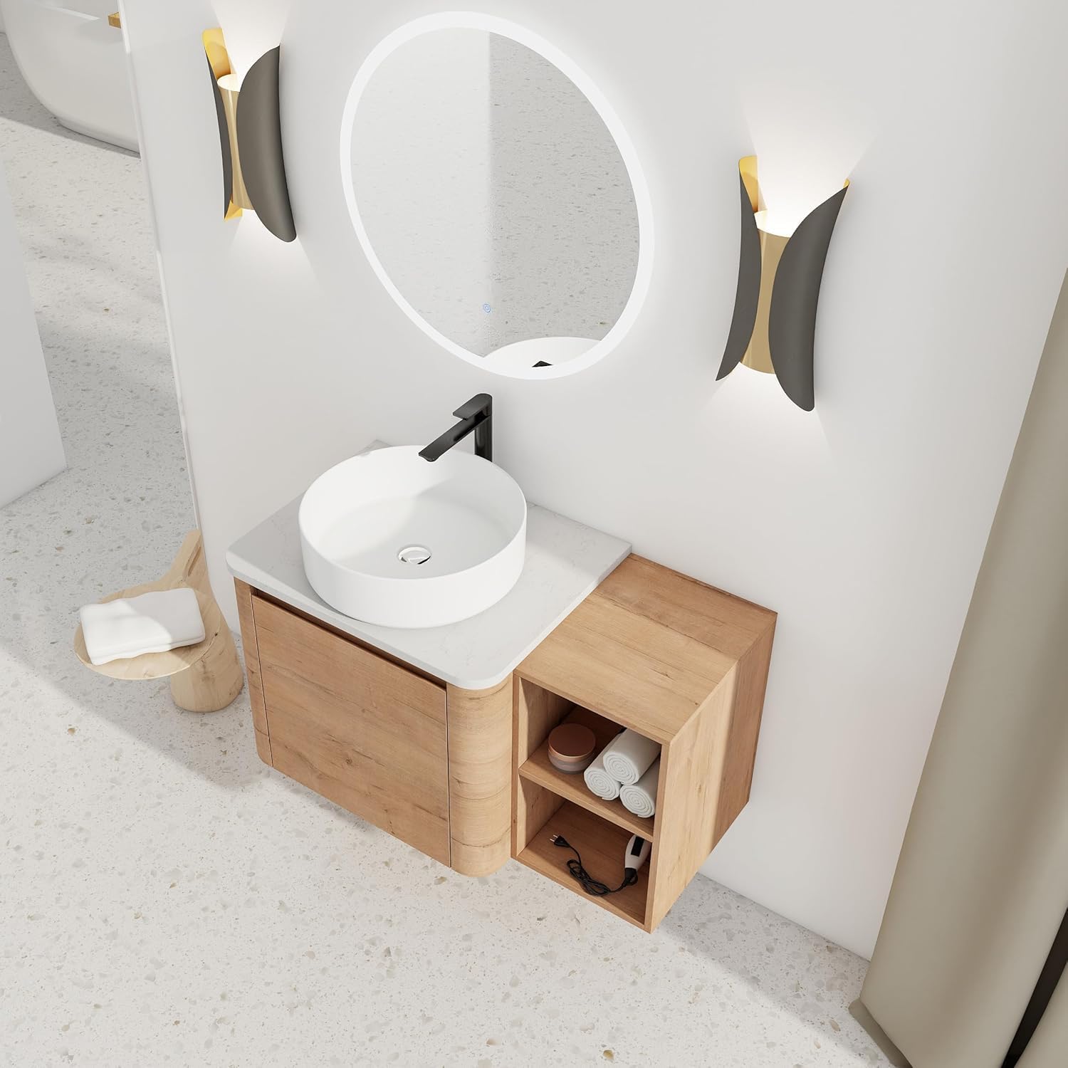 36 Inch Wall-Mounted Bathroom Vanity with Sink Combo Modern Floating Bathroom Vanitites with Round Ceramic Vessel Sink 36' Bathroom Sink Cabinet with Marble Counter Top & 1 Side Storage Shelf