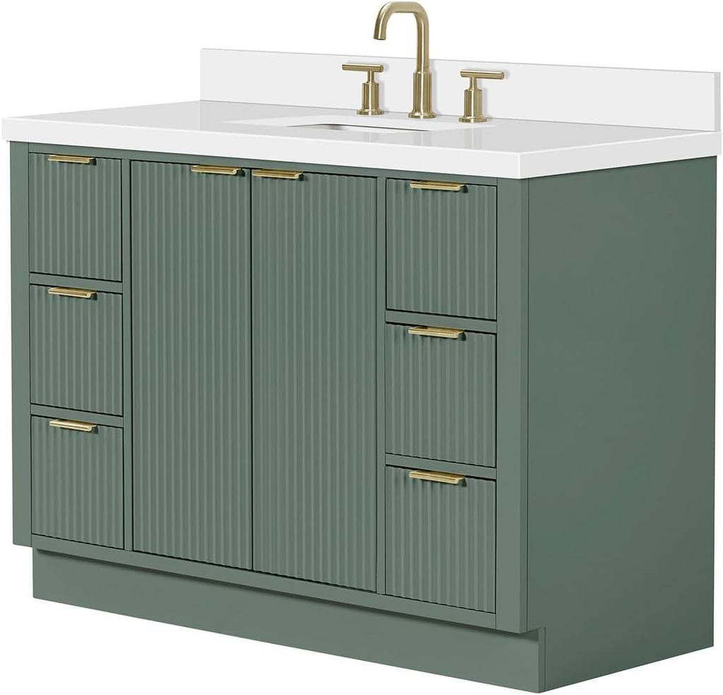 ARIEL Milan 48-inch Bathroom Vanity with Sink,Solid Wood, 1.5-inch Pure White Quartz Countertop, Single Rectangular Porcelain Sink, Soft Closing Doors, Dovetail Drawers, Vintage Green