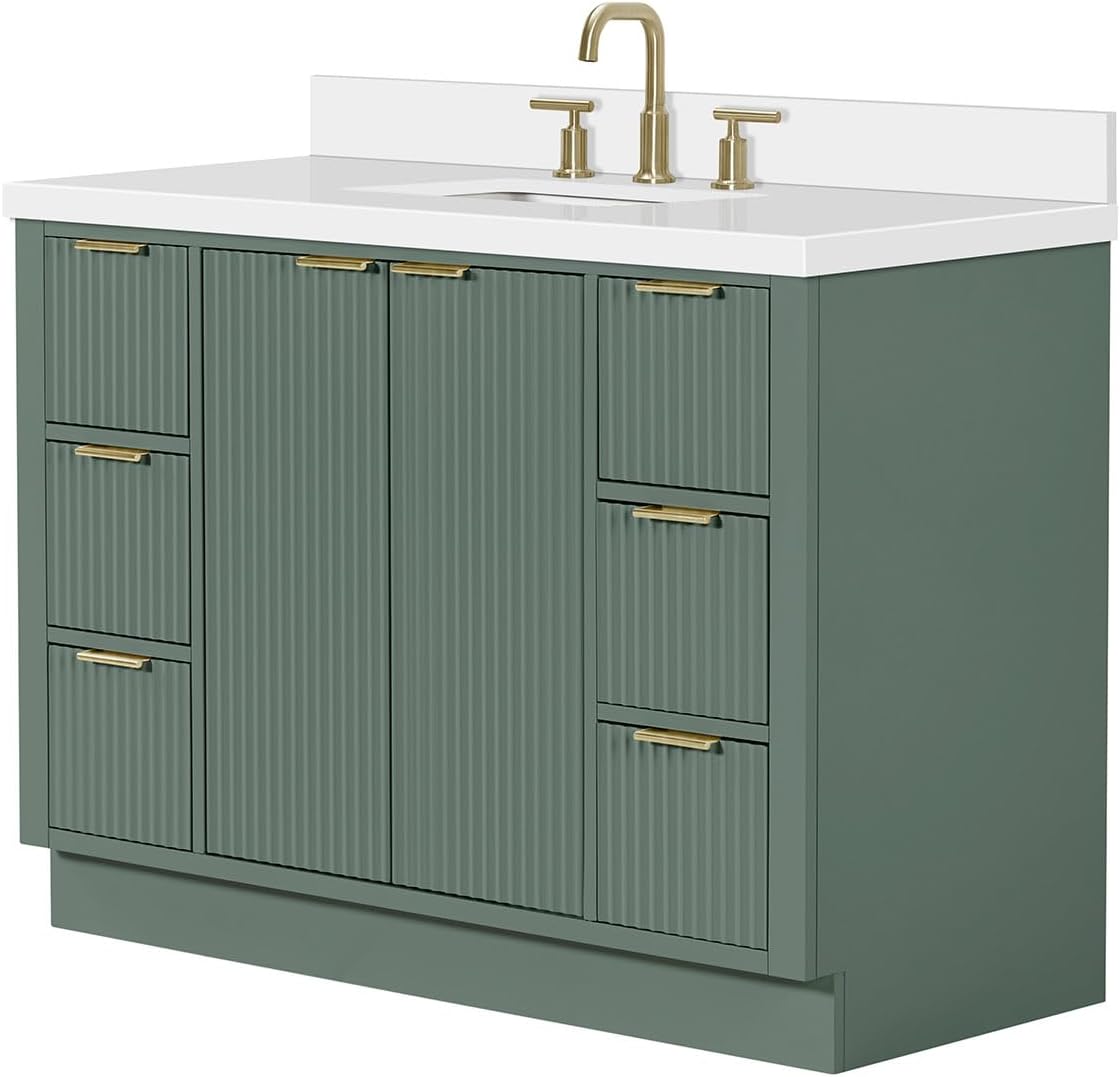ARIEL Milan 48-inch Bathroom Vanity with Sink,Solid Wood, 1.5-inch Pure White Quartz Countertop, Single Rectangular Porcelain Sink, Soft Closing Doors, Dovetail Drawers, Vintage Green