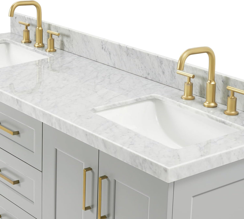 ARIEL Taylor 66-inch Bathroom Vanity with Sink,Solid Wood, 1.5-inch Italian Carrara Marble Countertop & Backsplash, Double Rectangular Porcelain Sink, 4 Soft Closing Doors, 5 Dovetail Drawers, Grey