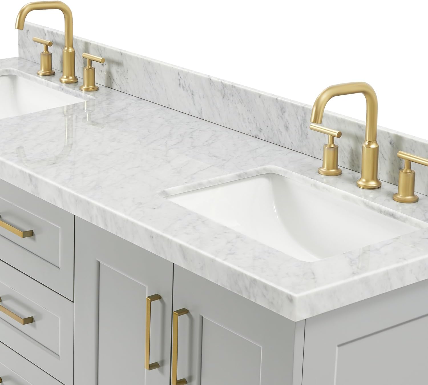 ARIEL Taylor 66-inch Bathroom Vanity with Sink,Solid Wood, 1.5-inch Italian Carrara Marble Countertop & Backsplash, Double Rectangular Porcelain Sink, 4 Soft Closing Doors, 5 Dovetail Drawers, Grey