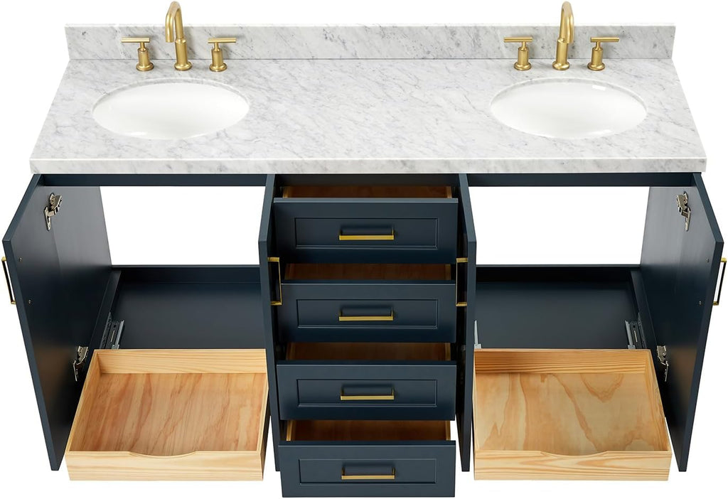 ARIEL Taylor 66-inch Bathroom Vanity with Sink,Solid Wood, 1.5-inch Italian Carrara Marble Countertop, Double Oval Porcelain Sink, 4 Soft Closing Doors, 5 Dovetail Drawers, Midnight Blue