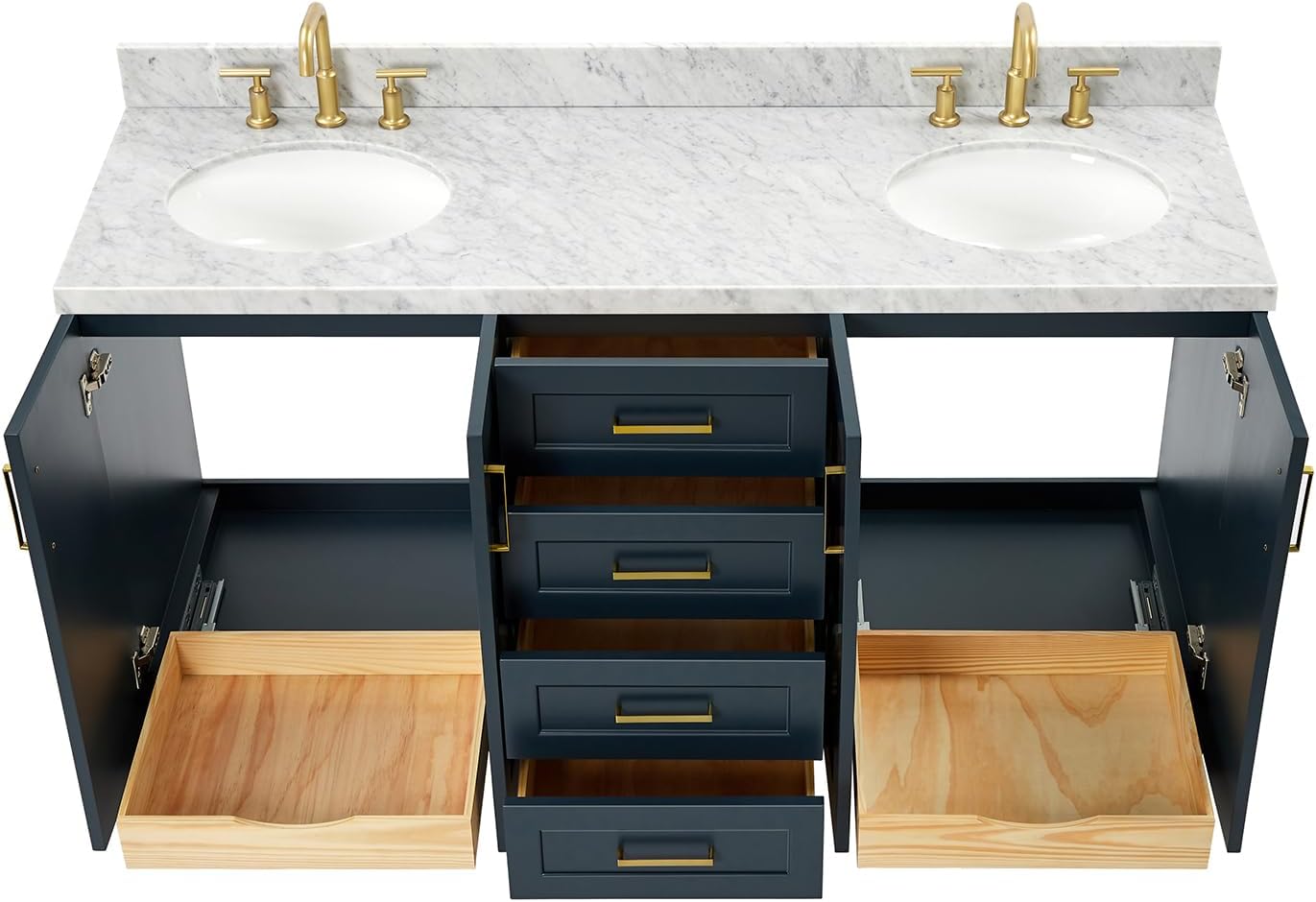 ARIEL Taylor 66-inch Bathroom Vanity with Sink,Solid Wood, 1.5-inch Italian Carrara Marble Countertop, Double Oval Porcelain Sink, 4 Soft Closing Doors, 5 Dovetail Drawers, Midnight Blue