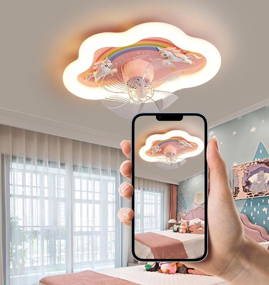 LED Ceiling Light With Fan, Cartoon Rainbow Cloud Fan Light, Remote Control Dimmable Ceiling Fan With Lighting, Modern 360° Rotating Girl's Room Pink Fan Light, 72w Mute Fan Light for Bedroom