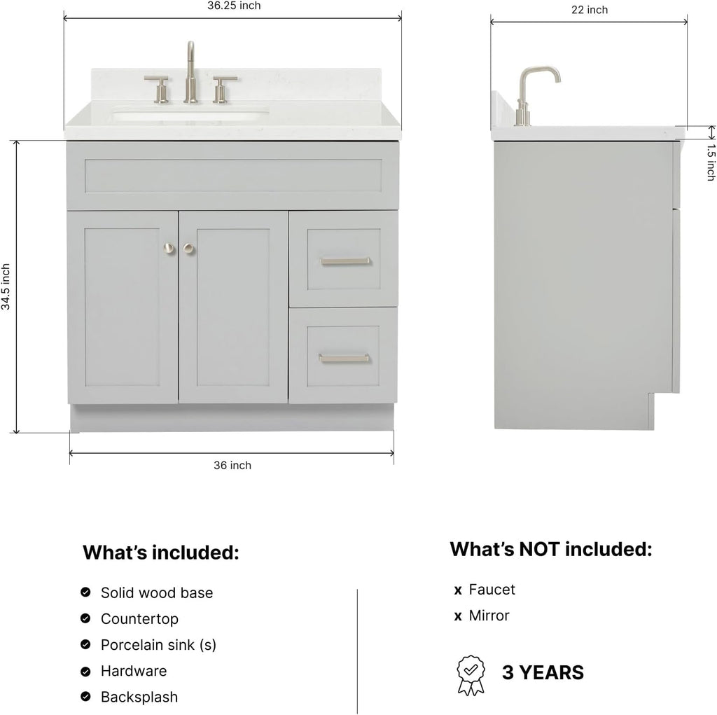 DKB Bradford 36-Inch Grey Bathroom Vanity with Left Rectangular Sink, 1.5' Carrara Quartz Countertop & Backsplash, 2 Soft-Closing Doors, 2 Full Extension Drawers, Toe Kick, Brushed Nickel Hardware