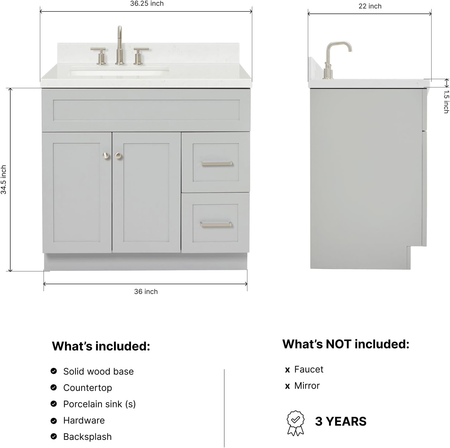 DKB Bradford 36-Inch Grey Bathroom Vanity with Left Rectangular Sink, 1.5' Carrara Quartz Countertop & Backsplash, 2 Soft-Closing Doors, 2 Full Extension Drawers, Toe Kick, Brushed Nickel Hardware