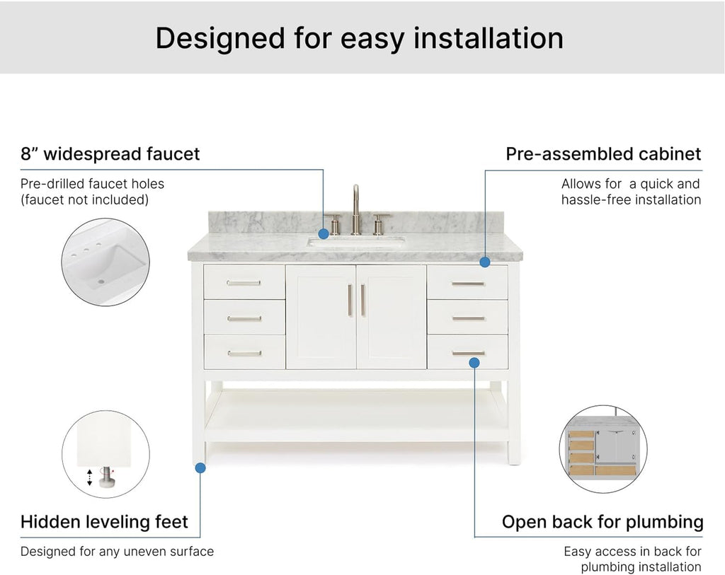 ARIEL Magnolia 54-inch Bathroom Vanity with Sink,Solid Wood, 1.5-inch Italian Carrara Marble Countertop, Single Rectangular Porcelain Sink, Soft Closing Doors, Dovetail Drawers, White